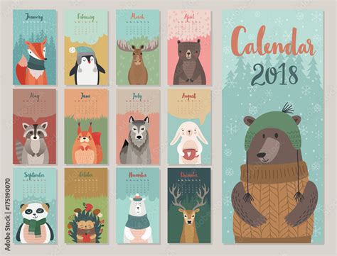 Cute monthly calendar with forest animals. Stock Vector | Adobe Stock