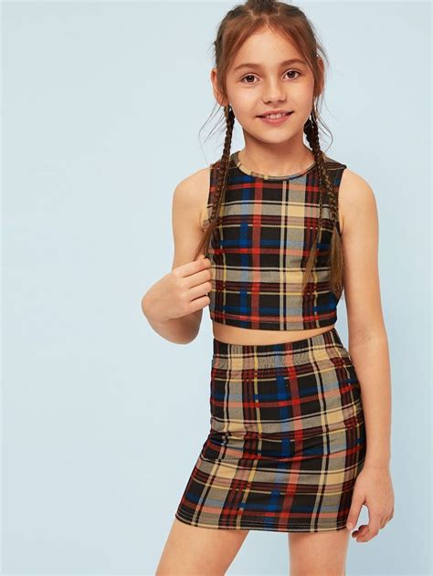 Shein Girls Crop Plaid Tank Top And Skirt Set Girly Girl Outfits Girls