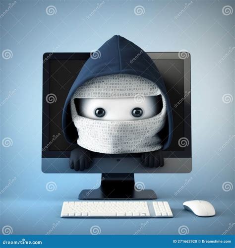 3d Illustration Of Cute Anonymous Hacker In Screen Of Computer Monitor