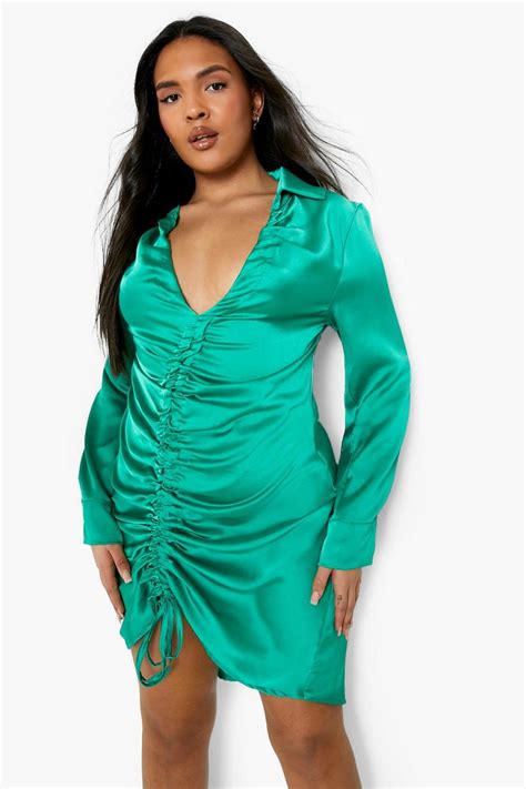 Plus Satin V Neck Ruched Front Mini Dress Boohoo