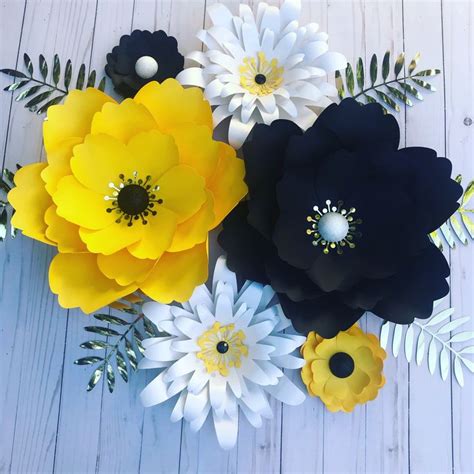 55 Set Of 5 Flowers Black And Yellow Paper Flower Art Giant Paper