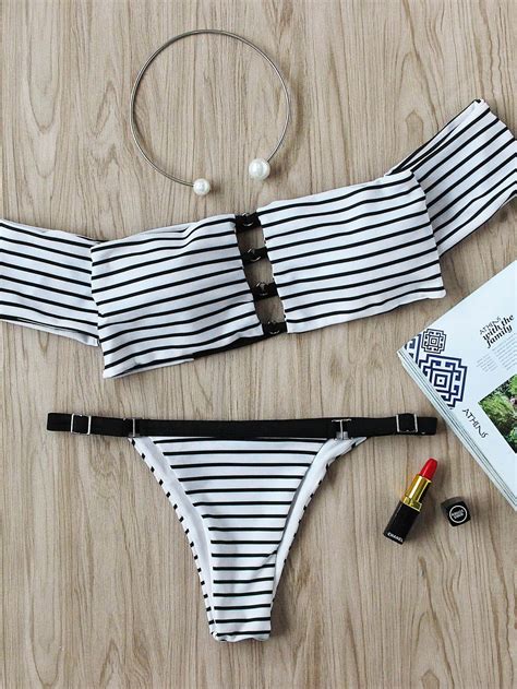 Shop Striped Cutout Front Off The Shoulder Bikini Set Online Shein