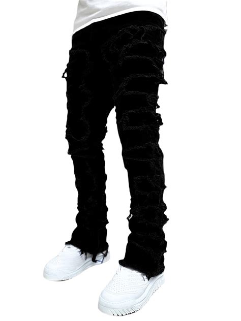 Mens Black Stacked Jeans Slim Fit Ripped Jeans Destroyed Straight Denim Pants Harajuku Hip Hop