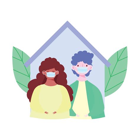 man and woman with medical masks, stay at home, coronavirus covid 19