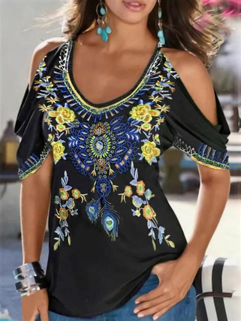 Boho Printed V Neck Off Shoulder Cold Shoulder Cotton Blend Short