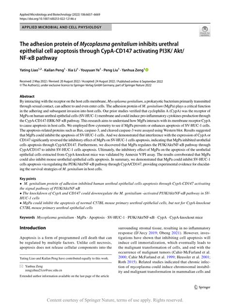 The Adhesion Protein Of Mycoplasma Genitalium Inhibits Urethral Epithelial Cell Apoptosis