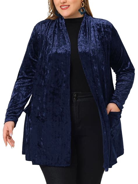 Unique Bargains Womens Plus Shawl Collar Pocket Open Front Velvet