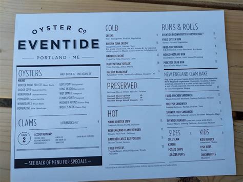 Menu at Eventide Oyster Co. restaurant, Portland