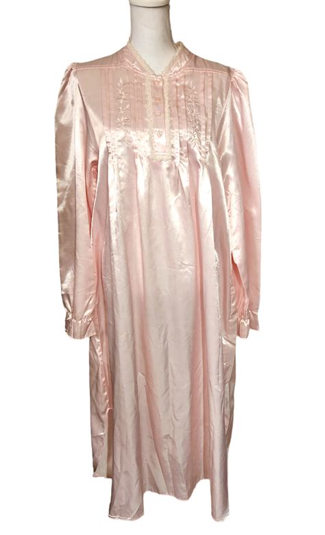 Delicates Long Sleeve Nightgown Pink Satin Embroidere Gem