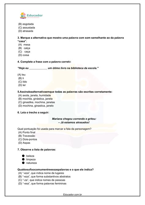 Avaliação diagnóstica de português para o 5° ano com gabarito - Educador