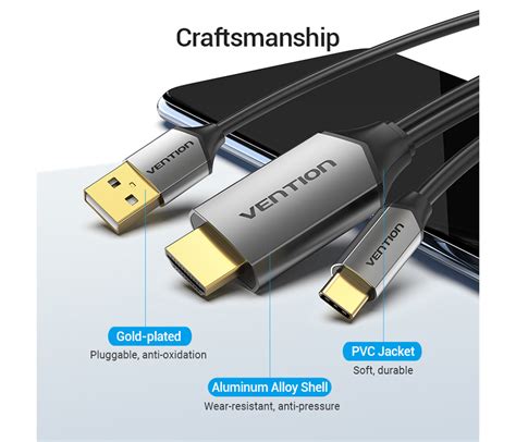 Vention Type C To HDMI Cable With USB Power Supply 1 Meter Black Metal