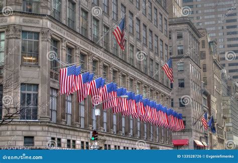 Us Flags In A Row On A New York City Building Editorial Photo Image