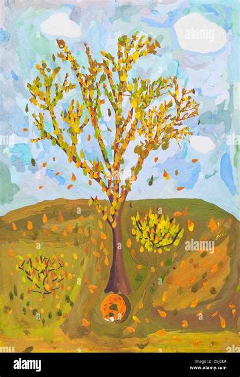 childs painting - falling yellow leaves from autumn tree Stock Photo ...