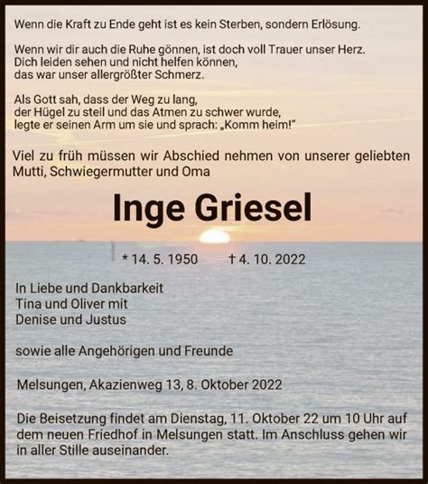 Traueranzeigen Von Inge Griesel Trauer HNA De