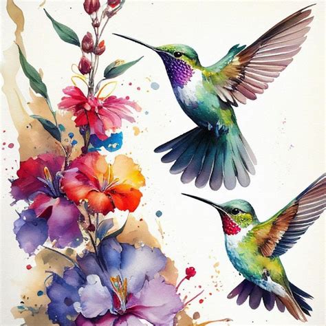 Two Hummingbirds Are Flying Near Flowers And Watercolors On Paper One