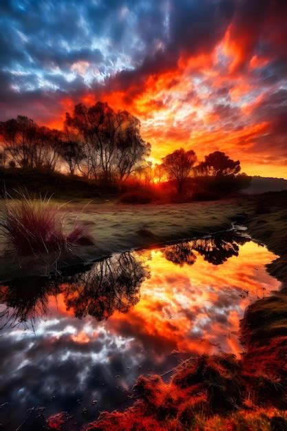 Premium AI Image | A sunset with a reflection of trees and the sky