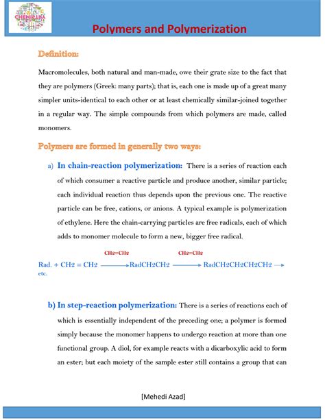 Solution Chain Reaction Polymerization Step Reaction Polymerization