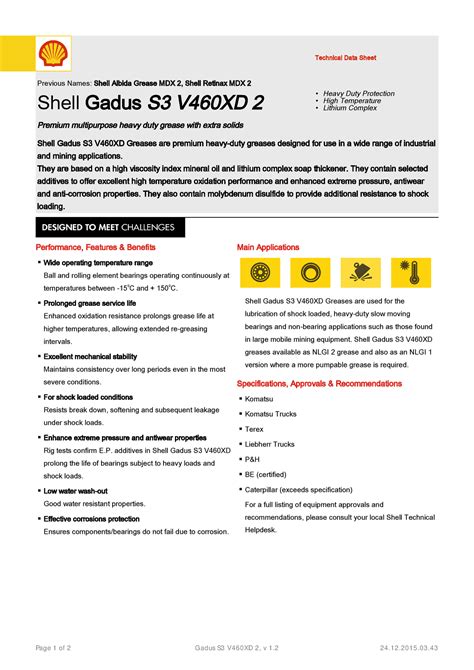 Shell Gadus S3 V460XD 2 Datasheet Technical Data Sheet Previous Names