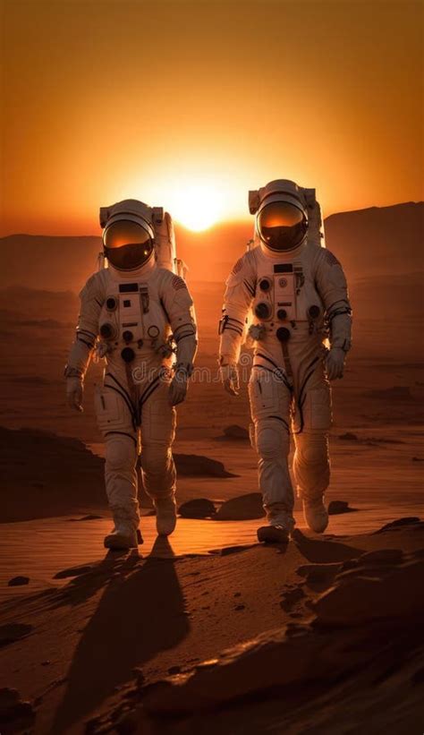 Two Astronaut Walking On The Surface Of Planet Mars Stock Illustration