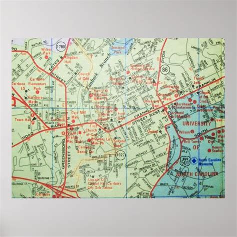 Carrboro and Chapel Hill, NC Vintage Map Poster | Zazzle