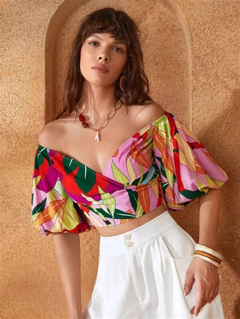 Shein Off Shoulder Puff Sleeve Tropical Top Tropical Outfit Tropical