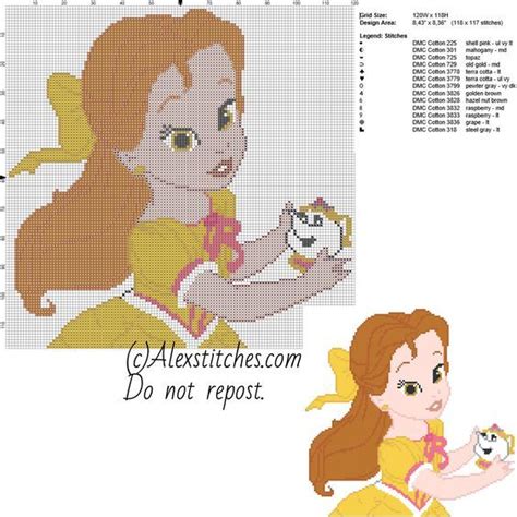 Baby Princess Belle Disney Free Cross Stitch Pattern X Colors