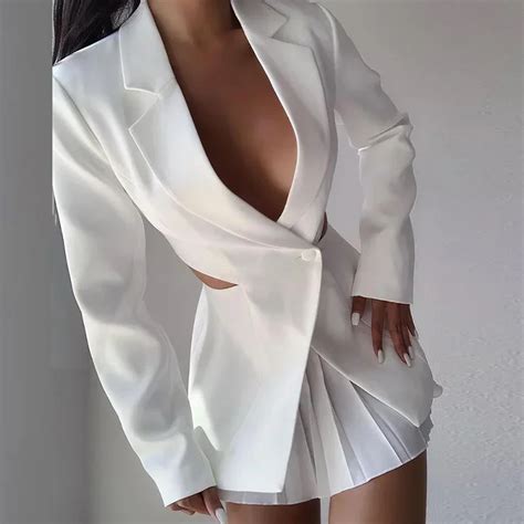 Sexy White Hollow Out Women S Blazer Coat V Neck Single Button Long Sleeve Blazers Female