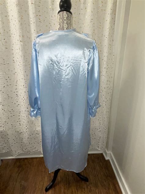 Vintage Jacklyn Smith Light Blue Satin Nightgown White Lace Trim Pink