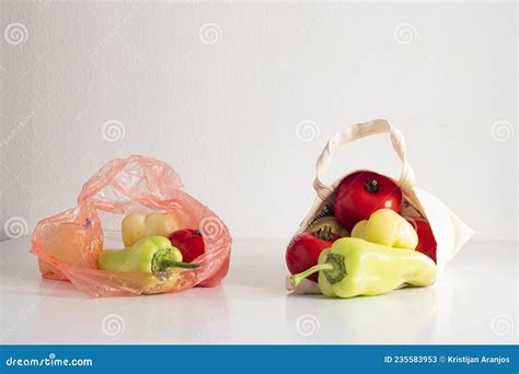 Fresh Vegetables In Plastic Bag Vs Reusable Bag Stock Image Image Of