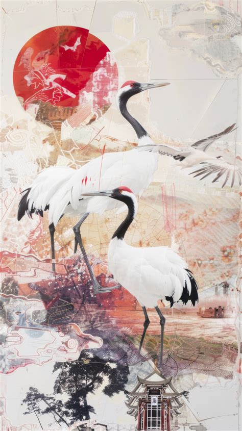 Japanese Crane Art Abstract Crane Painting Asian Inspired Digital Art