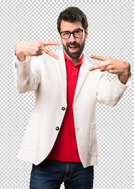 Premium Psd Brunette Man With Glasses Making Victory Gesture