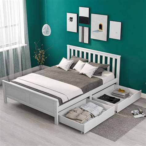 4ft6 Double Bed Frame With Storage Wooden Solid Pine Storage Bed With