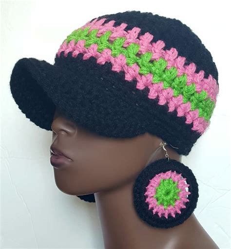 Alpha Kappa Alpha AKA Chunky Crochet Baseball Cap With Earrings By