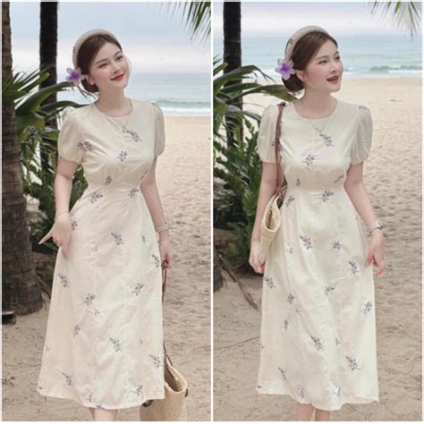 VÁY MIDI NUDE HOA THÊU CỔ TRÒN THẮT DÂY EO DỄ THƯƠNG Shopee Việt Nam