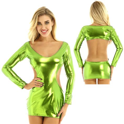 Womens Shiny Metallic Lingerie Deep V Neck Bodycon Mini Dress For Party