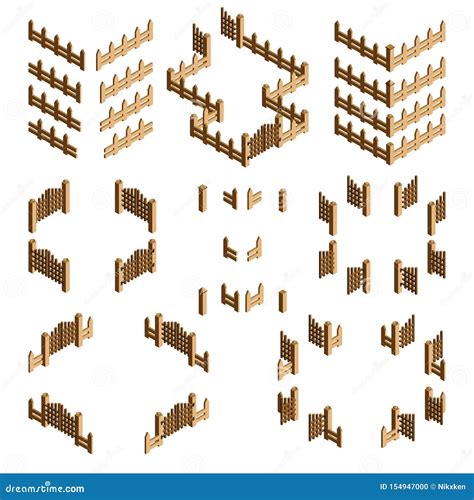 Isometric Wooden Fences Illustration Set Vector Stock Vector