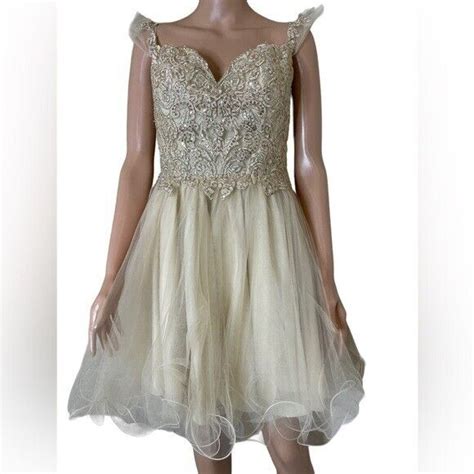 Elizabeth L gold champagne color mini dress prom embe… - Gem