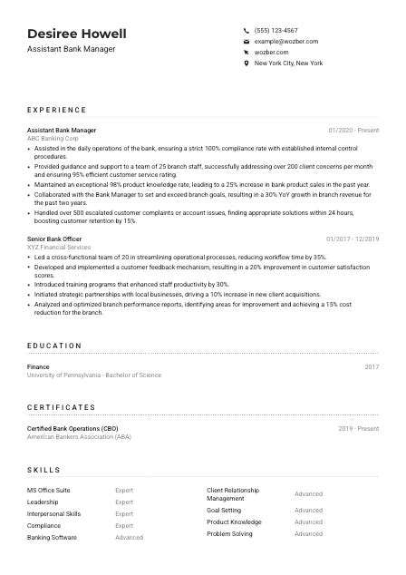 Assistant Bank Manager Resume Example