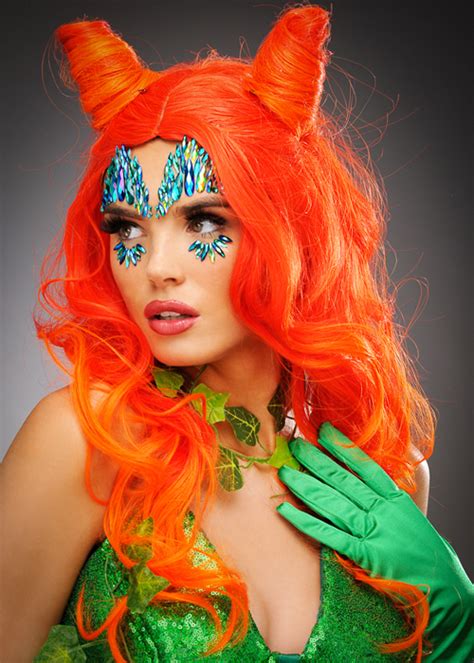 Womens Poison Ivy Style Red Orange Horn Shaped Wig