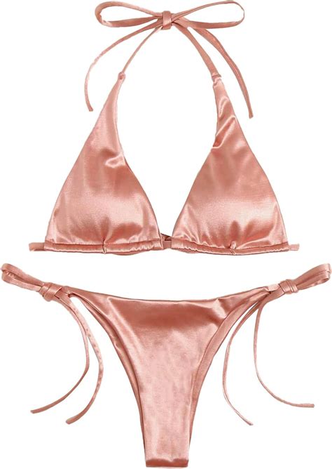 Amazon Soly Hux Women S Sexy Metallic Halter Top Swimsuit Tie Side Triangle Bikini Pink