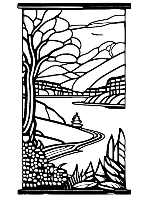 Coloriage De Paysage Fluvial En Vitrail Creative Fabrica