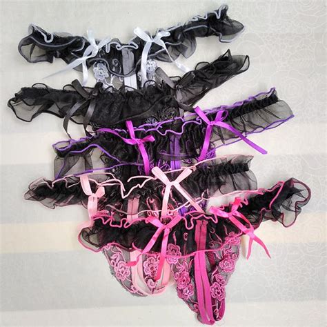 Ruffled Lace Men Sissy Panties Lingerie Thong Underwear Crotchless Open Butt Bikini With