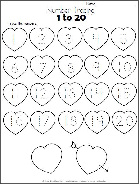 Free Heart Math Worksheet Trace The Numbers From 1 To 20 On The Hearts