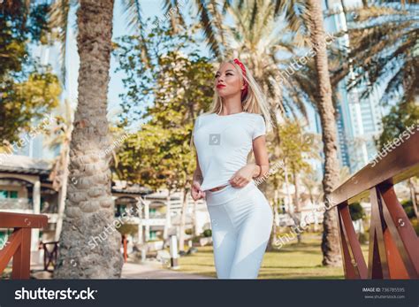 Sexy Blonde Woman White Tshirt Standing Stock Photo Shutterstock
