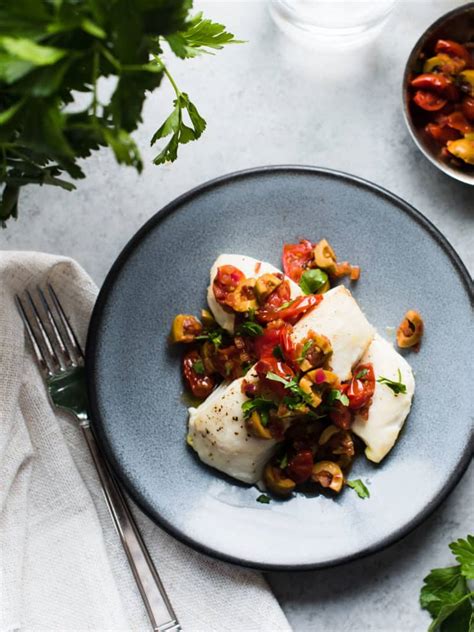 Baked Halibut With Olives And Tomatoes Kitchen Confidante