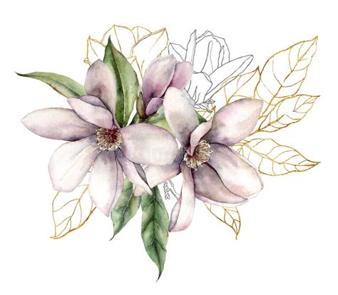 Watercolor Floral Bouquet Of Linear Magnolias Gold Leaves And Black