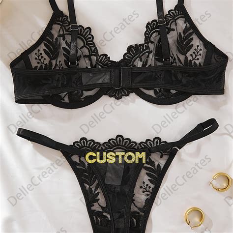 Custom Name Thong Flower Mesh Embroidery Gathered Lingerie Set Custom Thong With Letter