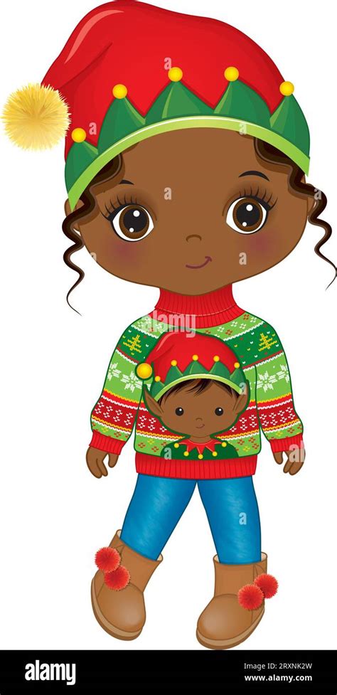 Vector Cute Black Girl Wearing Elf Hat And Christmas Sweater Stock Vector Image And Art Alamy