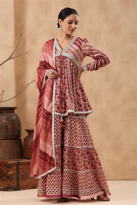 Buy Bairaas Red Muslin Floral Print Peplum Kurta Sharara Set Online