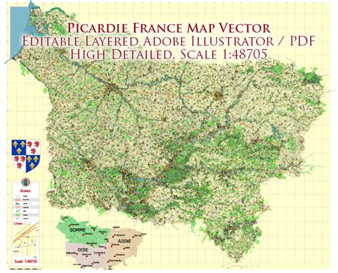 Picardie France Vector Map exact extra detailed All Roads Cities Towns ...